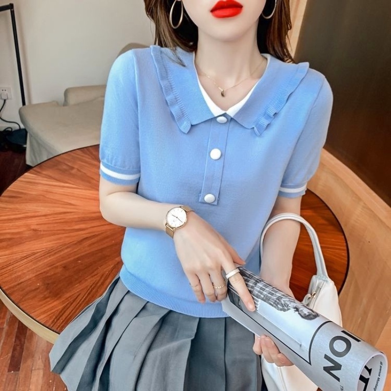 Áo dệt kim tay ngắn cổ búp bê dáng rộng thiết kế mới phong cách Hàn Quốc thời trang mùa hè cho nữ
