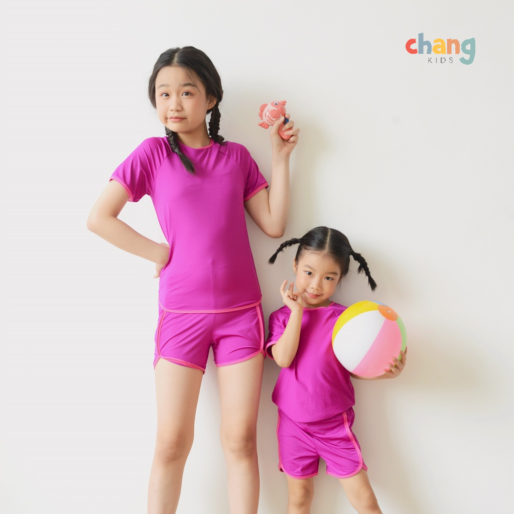 Bộ bơi áo ngắn tay sooc cộc gym retro Gymee_Tím hồng