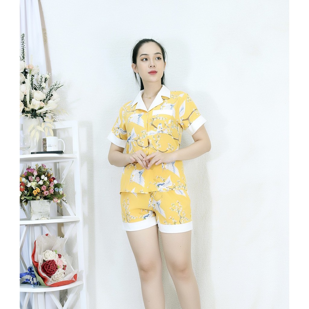 [HÌNH THẬT] Bộ đồ Pijama ngắn mặc nhà CON CÒ VÀNG PHA CỔ TRẮNG - Vải Siêu Lụa Cao Cấp - Mềm Mại Êm Ái