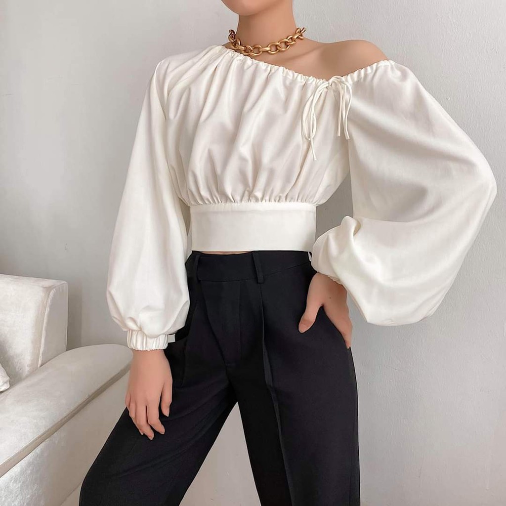 [Mã WAMT10K giảm 10k cho đơn 0k] Áo croptop lệch vai, tay dài, thắt nơ sau lưng | BigBuy360 - bigbuy360.vn