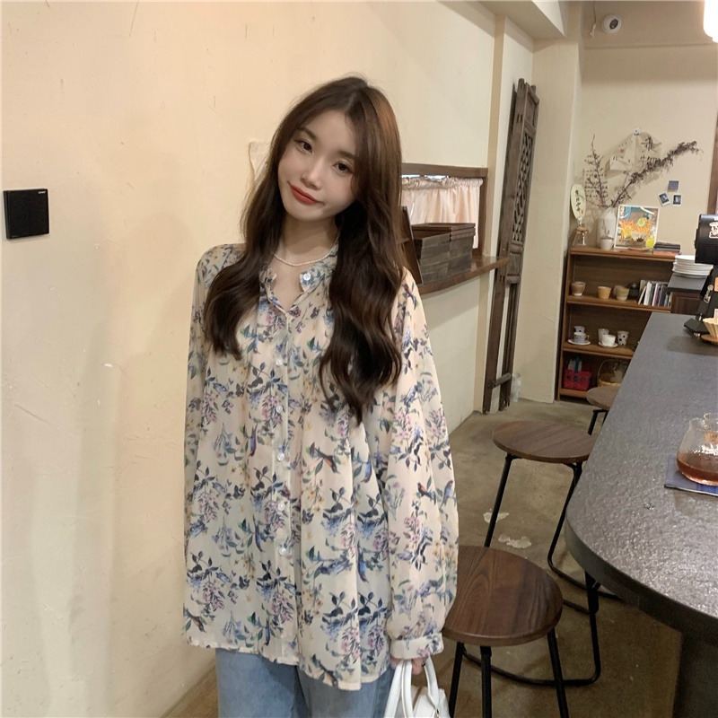 Áo Sơ Mi Chiffon Cổ Tròn Dài Tay Dáng Rộng In Hoa Thời Trang Sành Điệu 54584