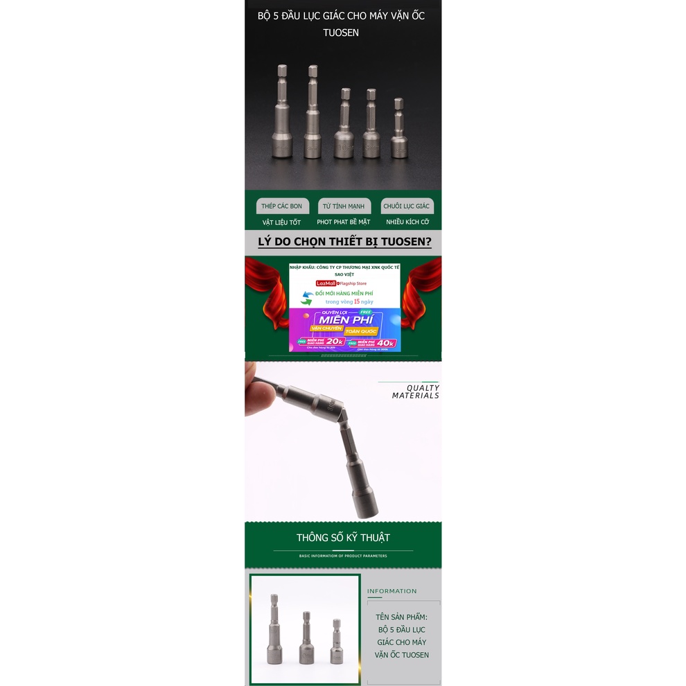 Bộ 5 đầu lục giác cho máy vặn ốc, bắt vít TUOSEN