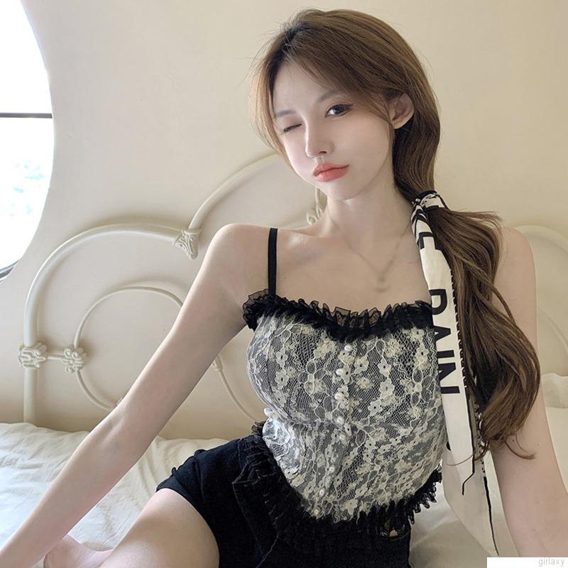 Áo croptop hai dây phối ren phong cách Hàn Quốc cổ điển quyến rũ dành cho nữ