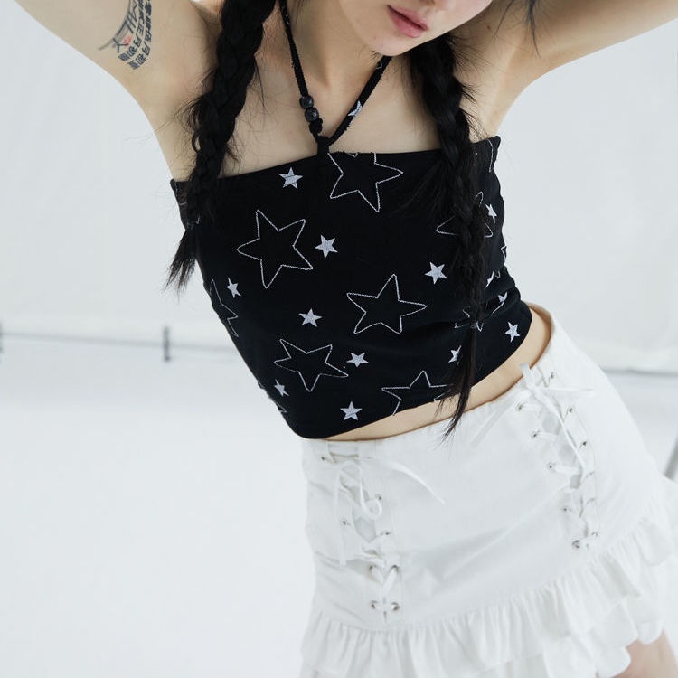 Áo Croptop y2k Hai Dây Xỏ Hạt Màu Đen Nhỏ Nhắn In Họa Tiết Ngôi Sao Thời Trang Cho Nữ y2k