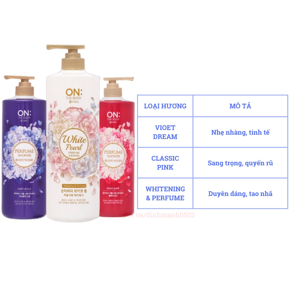 Sữa Tắm Dưỡng Ẩm, Dưỡng Da Hương Nước Hoa Hàn Quốc On: The Body Classic Pink – Violet Dream – Whitening &amp; Perfume 1000ml