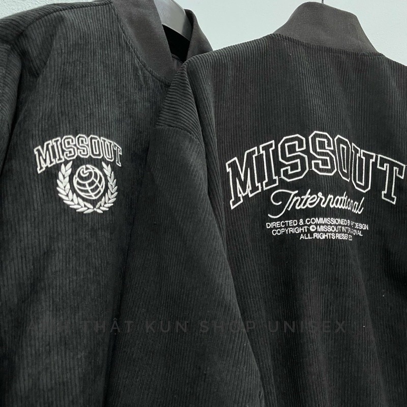 Áo khoát BOMBER missout TYPO full tag hãng chất liệu nhung 2 lớp dày dặn unisex nam nữ