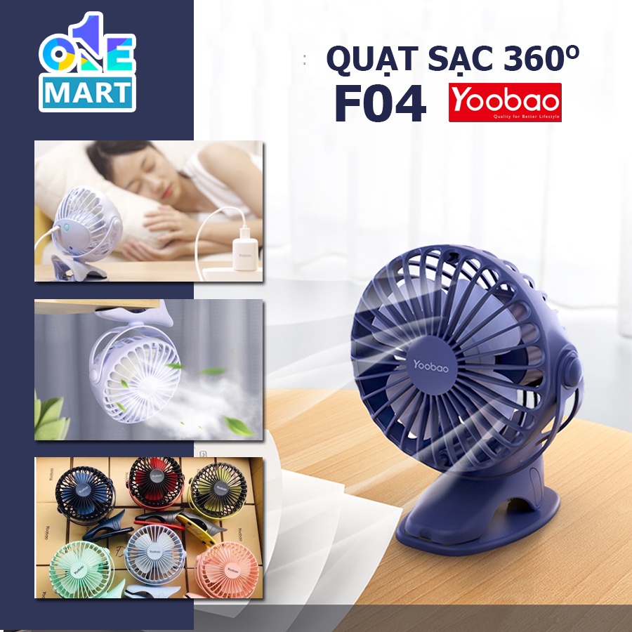 Quạt sạc Yoobao F04 mini xoay góc 720 độ, đế kẹp đa năng hoặc đặt bàn, với 4 nấc điều chỉnh gió