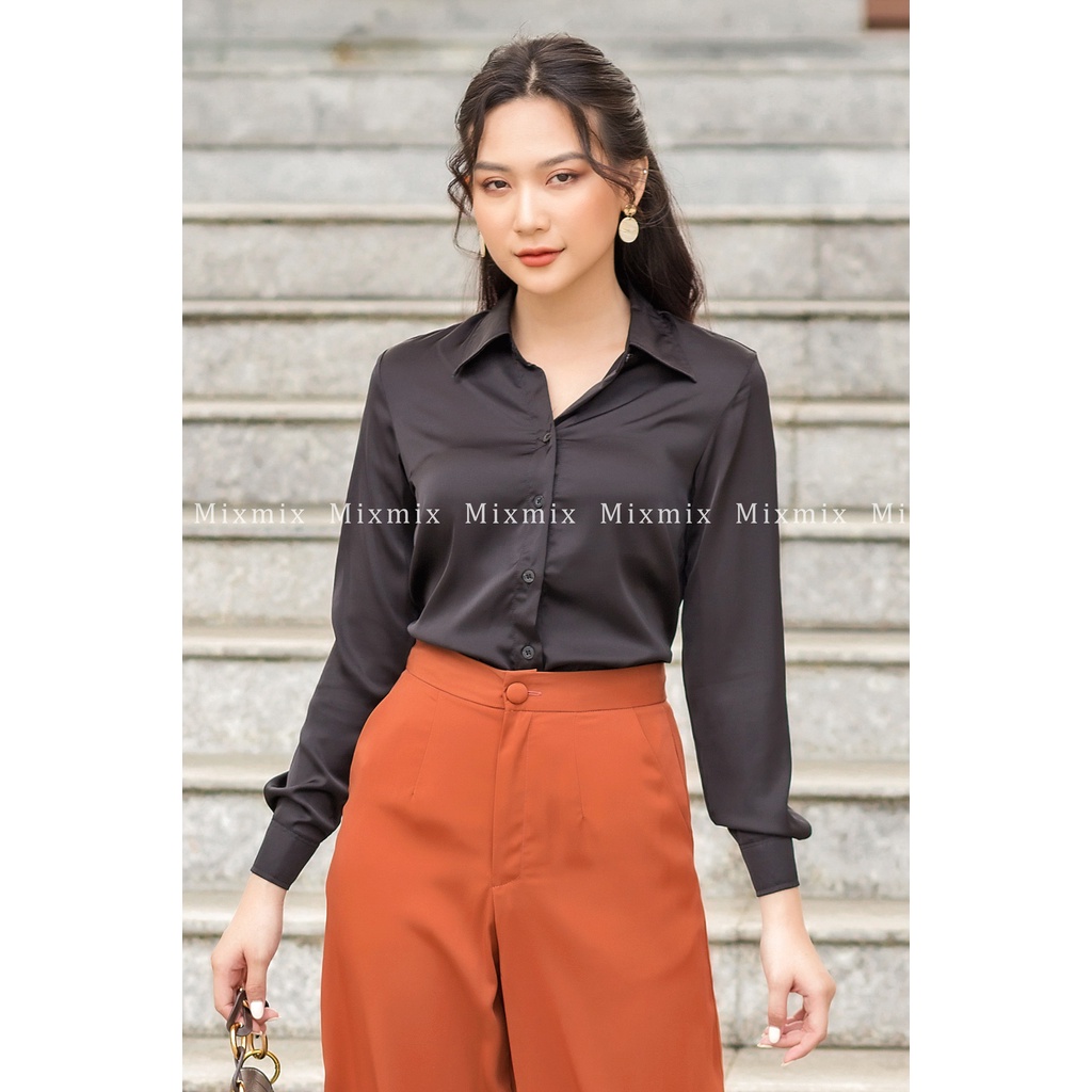 Áo sơ mi lụa màu đen - MIXMIX - Hàng thiết kế - Hình thật