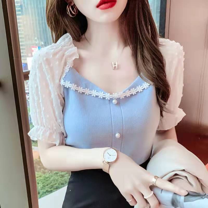 Áo voan tay ngắn phồng cổ vuông phối ren thời trang cho nữ