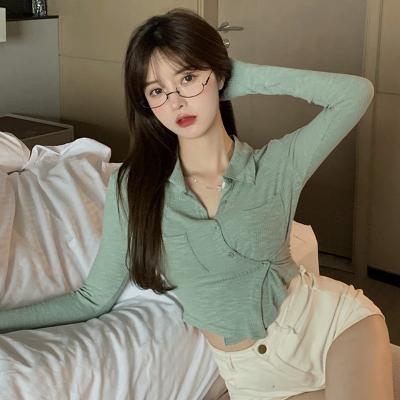 Áo Croptop Dệt Kim Tay Dài Dáng Ôm Màu Sắc Đơn Giản Phong Cách Hàn Quốc Thời Trang Cho Nữ