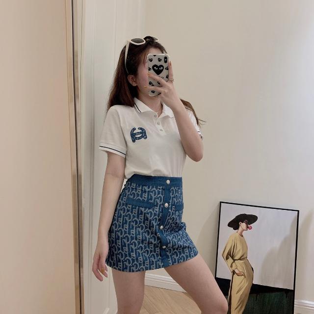 Bộ Áo Thun Polo Và Chân Váy In Họa Tiết Lưng Cao Thời Trang Cho Phụ Nữ