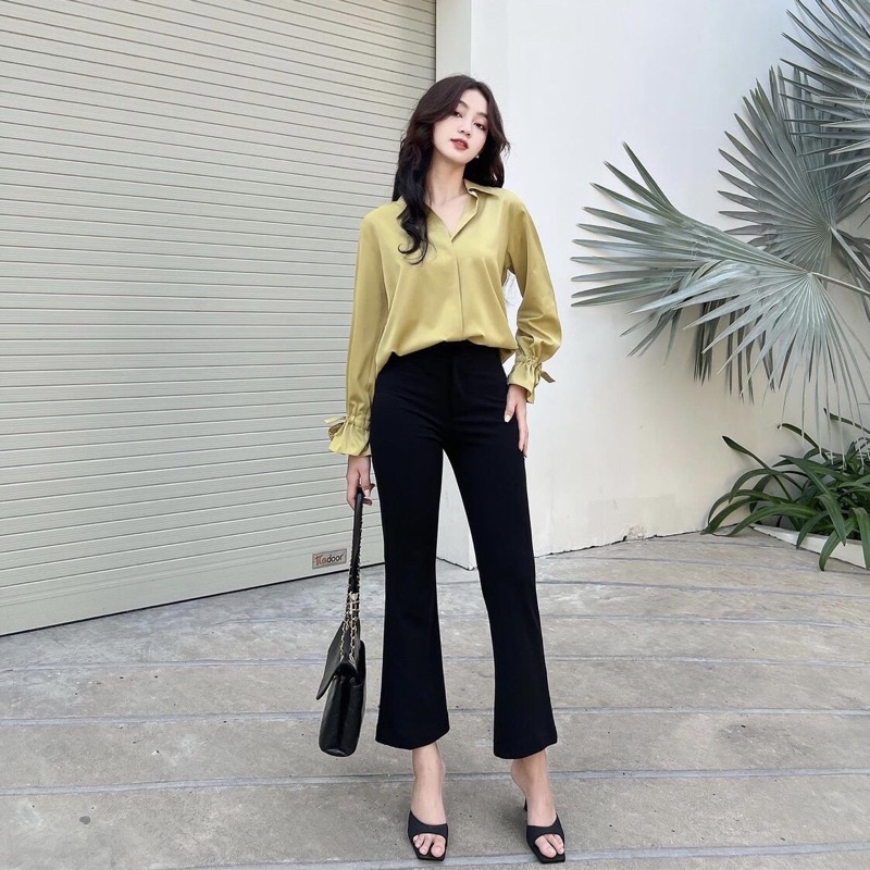 Quần Ống Loe Nữ Cạp Lưng Cao 2 Túi Chất Vải Thun Umi Cao Cấp Co Giãn 4 Chiều Siêu Tôn Dáng Che Khuyết Điểm