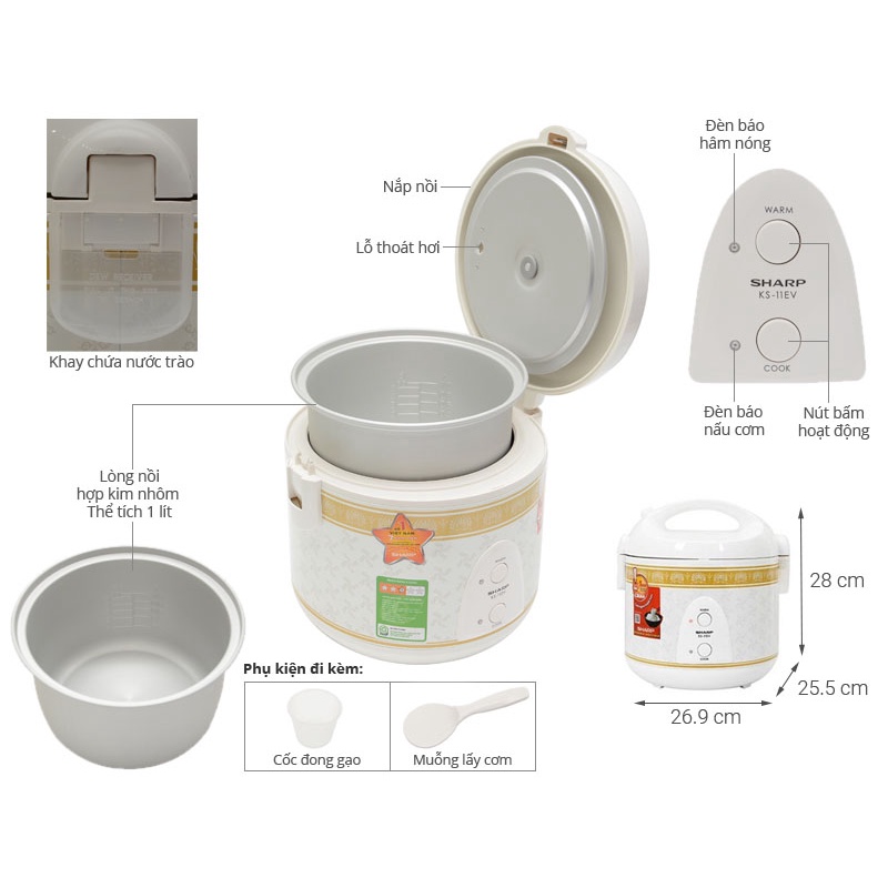 Nồi cơm điện Sharp 1 lít KS-11EV MADE IN THÁI LAN / NEW 100%/ BẢO HÀNH 12 THÁNG CHÍNH HÃNG