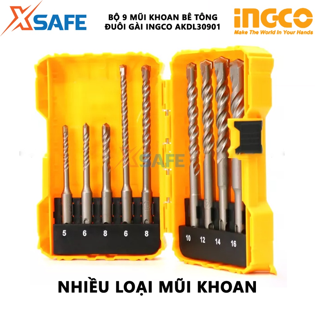 Bộ 9 mũi khoan bê tông đuôi gài INGCO AKDL30901 Bộ mũi khoan 9 chi tiết SDS Plus, đóng gói bằng vỉ kép