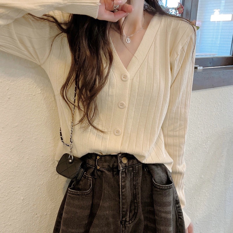 Áo Khoác Cardigan Dệt Kim Tay Dài Cổ V Kiểu Pháp Xinh Xắn Cho Nữ