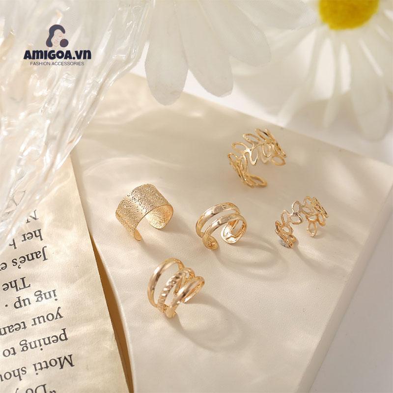 【amigoa.vn】Bộ Khuyên Tai Kẹp Vành Tai Không Cần Xỏ Lỗ Nhiều Lớp Hình Lá Rỗng Nhiều Lớp
