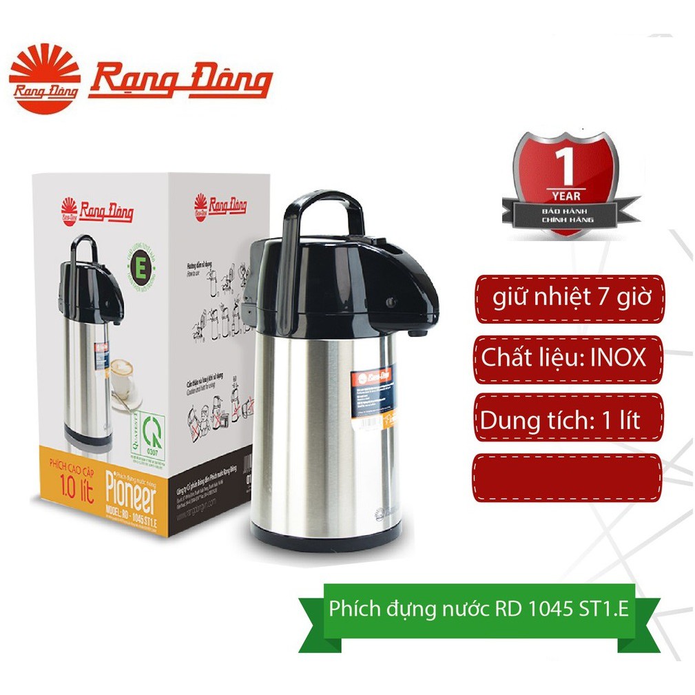 Phích Bơm nước bình giữ nhiệt đựng nước nóng RẠNG ĐÔNG 1 Lít : RD 1045 ST1.E thân Inox, vai nhựa rót nước dạng vòi bơm