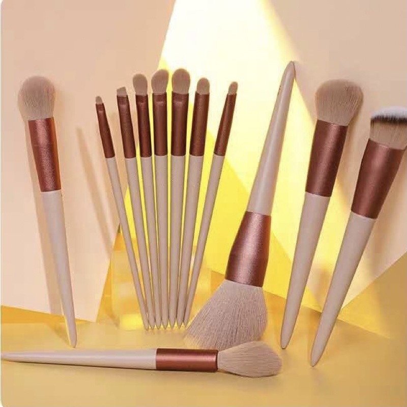 Bộ Cọ Trang Điểm 13 Cây Màu Hồng + Rêu Kèm Túi Vải