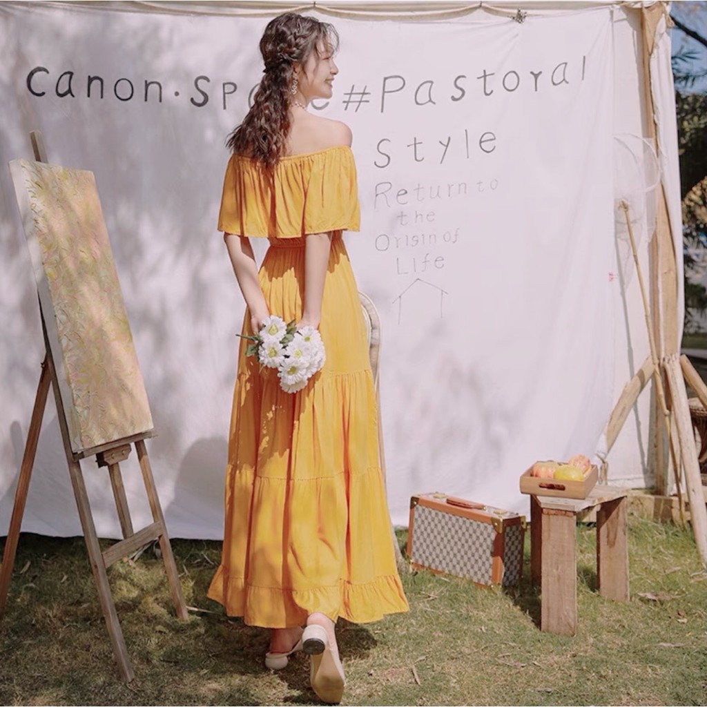 Váy Maxi Tầng Trễ Vai Vàng Chanh Cực Hot | BigBuy360 - bigbuy360.vn