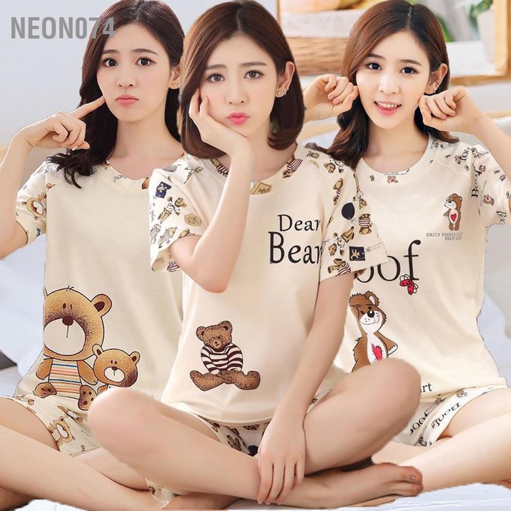 Neon074 Bộ đồ ngủ nữ ngắn tay dễ thương mặc nhà đơn giản thoải mái cho mùa hè