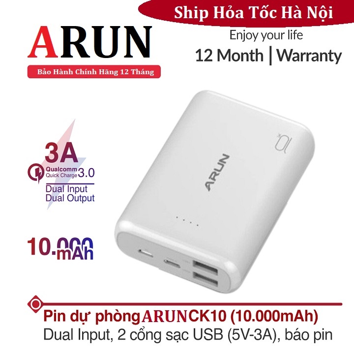 Pin Sạc Dự Phòng, CK10 - 10000MAh 3.0A Chính Hãng Arun - Siêu Bền Tiện Dụng - Thiết Kế Thông Minh Sành Điệu