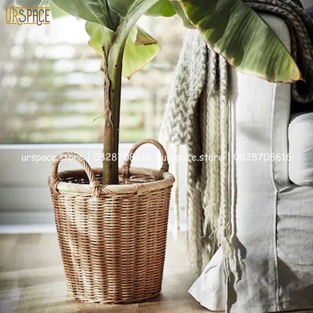 Sọt mây tròn URSPACE trồng cây, đựng đồ, sắp xếp không gian, trang trí decor có quai cầm