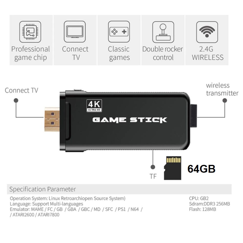 Máy Chơi Game 2 Người, Tặng Thẻ Nhớ 64g Có Sẵn 10.000 Trò Chơi - Dùng Cổng HDMI Kết Nối TiVi