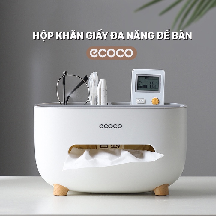 Hộp giấy ăn để bàn đa năng ECOCO 2 ngăn để điện thoại, mỹ phẩm, phụ kiện, nhựa PP an toàn sức khỏe E2009