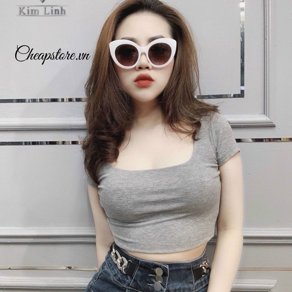 Áo thun croptop cổ U form ôm tay ngắn chất đẹp, hottren 2021 - Áo phông cổ U cộc tay chất zip  nhiều màu sắc | BigBuy360 - bigbuy360.vn