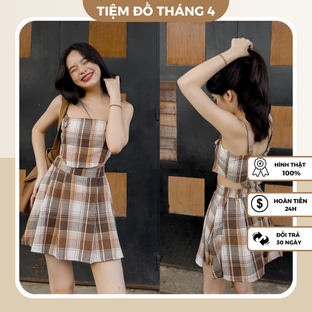 Set Áo Croptop Chân Váy 2022, Set Đồ Nữ Áo Hai Dây Chân Váy Chữ A Xòe Chất Kaki Đứng Form Năng Động - MOLINA SET