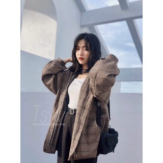 Áo khoác thô dạ kẻ 2 lớp có mũ oversize TSW