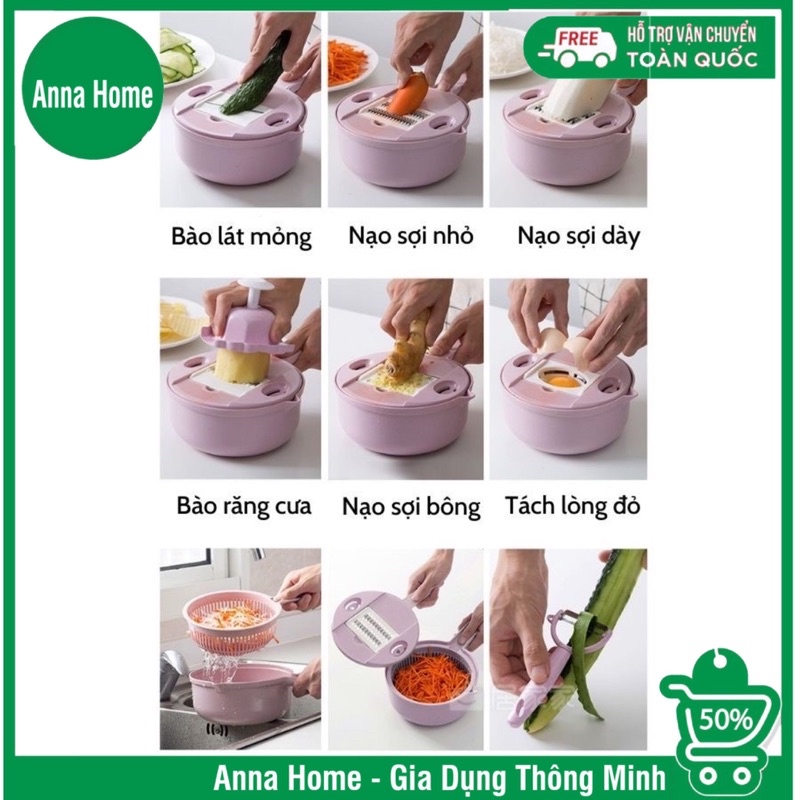 Bộ Nạo Rau Củ Đa Năng 12 Món Kèm Chậu Đựng Bào Rau Củ Tiện Lợi, Cắt Gọt Không Lo Đứt Tay