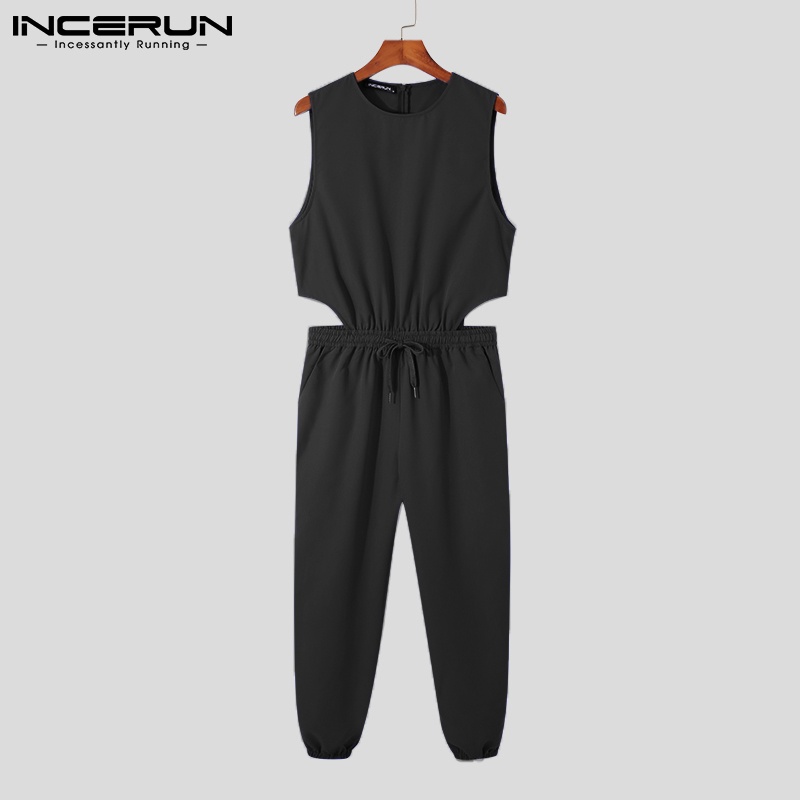 Bộ áo liền quần INCERUN không tay cổ tròn màu trơn thời trang mùa hè cho nam