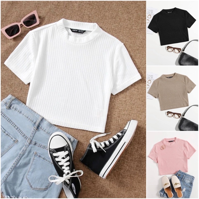 Áo Croptop Body Thun Gân Dệt Kim Tay Ngắn Cổ Cao (Nhiều Màu)