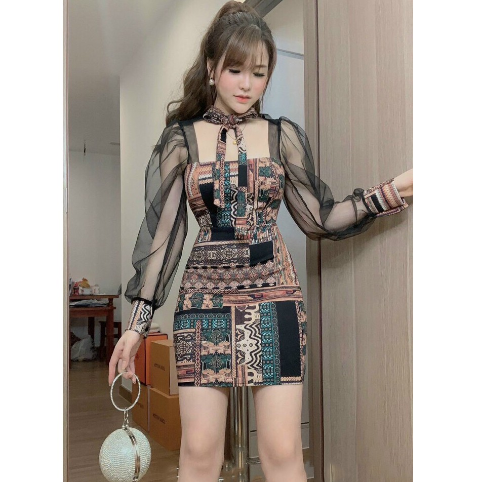 Đầm Họa Tiết Body Phối Tay Lưới Có Nơ Cổ, Có Mút Ngực,Chất Liệu Umi In KTS