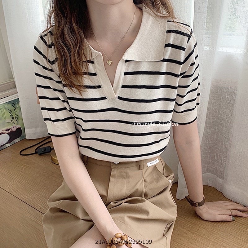 [Ảnh thật/Video]Áo len thu đông họa tiết  kẻ sọc Áo len croptop phong cách Hàn Quốc