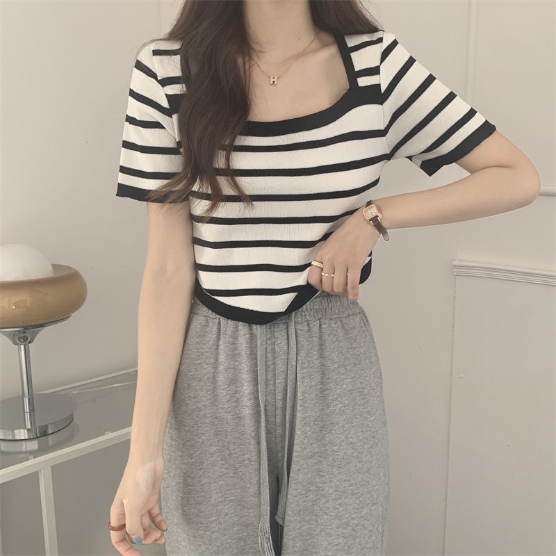Áo Thun Dệt Kim Tay Ngắn Họa Tiết Kẻ Sọc Thời Trang Mùa Hè Cho Học Sinh