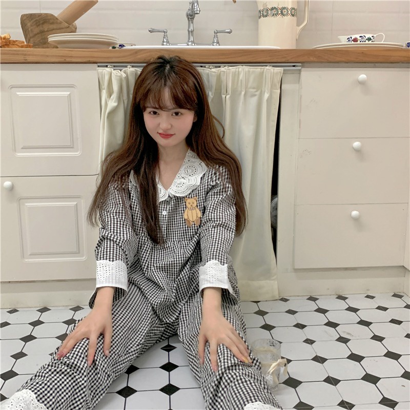 Bộ đồ ngủ tay dài cổ búp bê phối ren mềm mại họa tiết sọc caro phong cách Hàn Quốc thời trang xuân thu cho nữ Bộ ngủ nữ dài tay