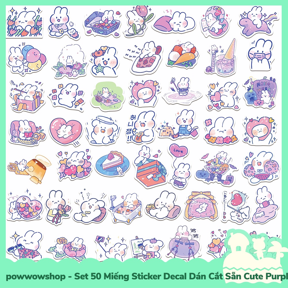 [Sẵn VN - Hỏa Tốc] Set 50 Miếng Sticker Decal Cắt Sẵn DIY Dán Trang Trí Vật Dụng Mẫu Thỏ Tím Cute Purple Rabbit Day Life