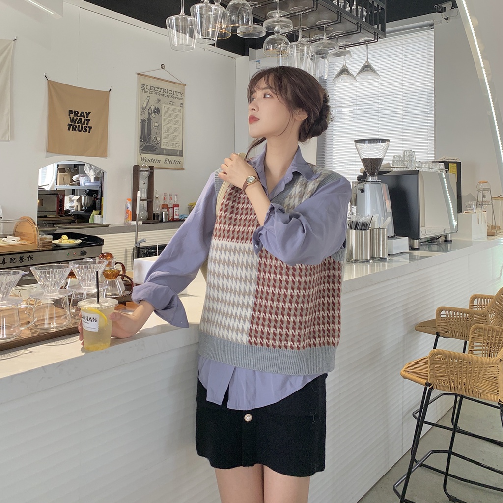 Gile Len Nữ Cổ V Bigsize Dày Dặn Form Rộng Nhiều Màu Vintage Phong Cách Hàn Quốc Kẻ Ô Vuông T2C3