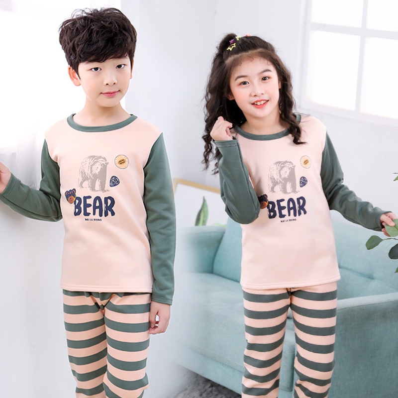 Set đồ ngủ dài tay lót nhung giữ nhiệt kiểu Hàn Quốc thời trang thu đông dành cho bé 100-170cm