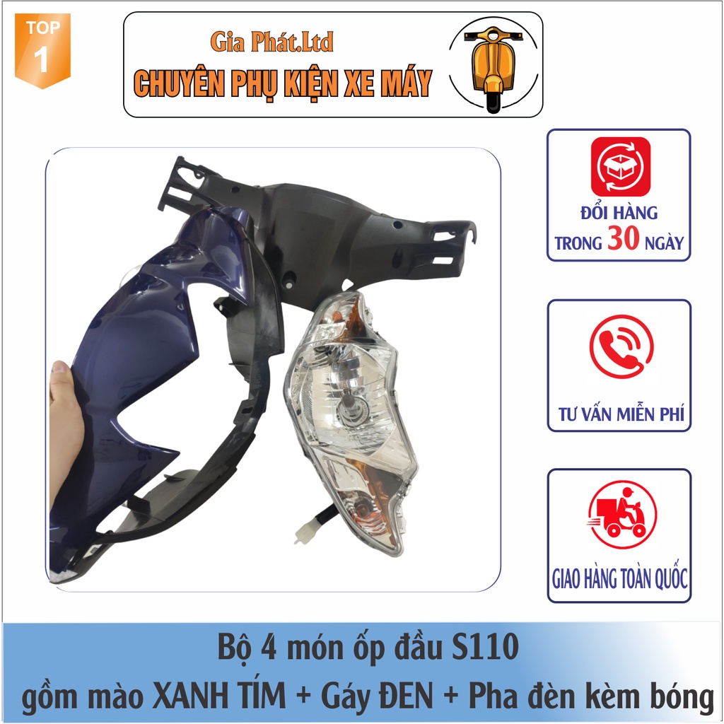 Combo ốp đầu Wave S110  gồm MÀO XANH TÍM + GÁY ĐEN + và Pha đèn kèm bóng