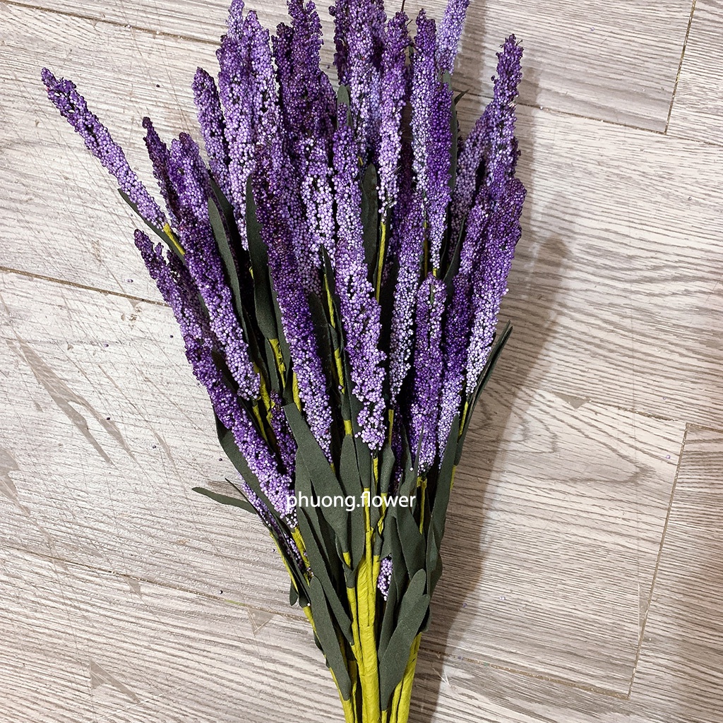 Cành hoa oải hương lavender giả nhân tạo dài 60cm 12 hoa loại lá nhọn đậm cắm chậu trang trí tuyệt đẹp