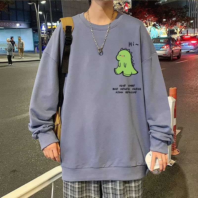 Áo Nỉ Dài Tay Cổ Tròn Form Rộng In Họa Tiết Khủng Long Hoạt Hình Size M-3XL Cho Nam