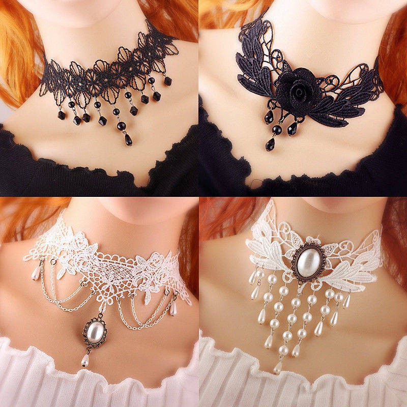 Vòng Cổ Choker Ren Màu Trắng / Đen Phong Cách Hàn Quốc Thời Trang Quyến Rũ Cho Nữ