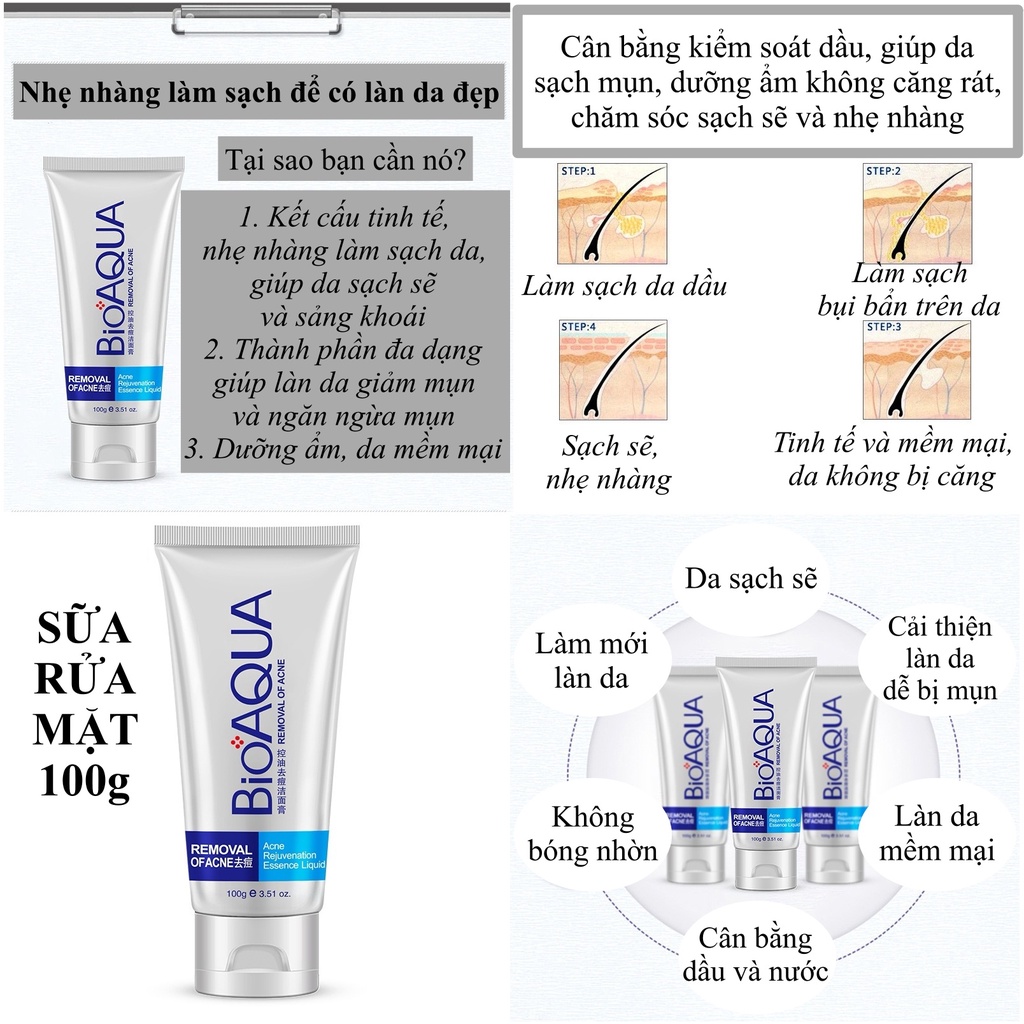 Set dưỡng trắng da mặt cho da mụn Bioaqua giúp làm sạch da, cấp ẩm, mờ thâm, giảm mụn và ngăn ngừa mụn, kiềm dầu SPU158