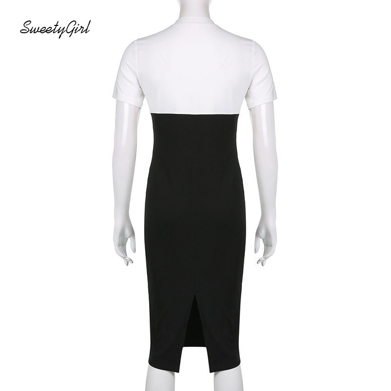 Đầm Midi Tay Ngắn Cổ Tròn Dáng Ôm Phối Màu Tương Phản Thời Trang Cho Nữ