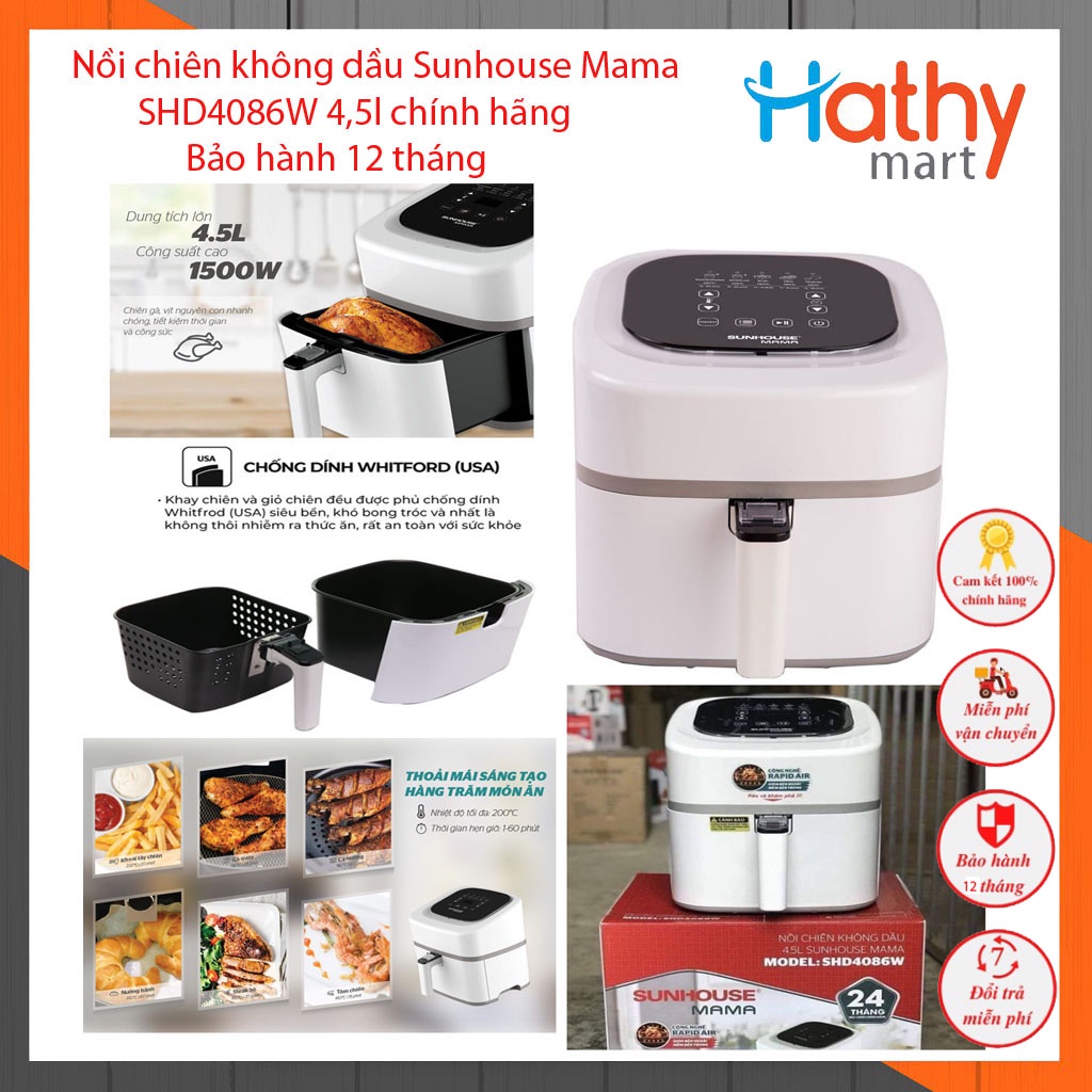 Nồi chiên không dầu Sunhouse Mama SHD4086W 4.5 lít [Tặng 1 cuộn giấy bạc nướng]