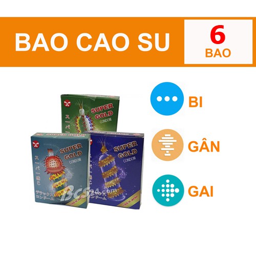 [Mới Lạ] Combo 6 Bao Cao Su Super Gold Hộp 2 Chiếc, Thân Có Gân Bi Gai Râu Random, Tăng Cảm Nhận Của Chị Em