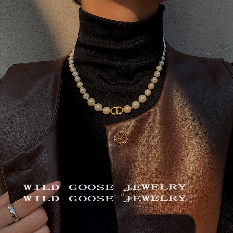 Dây chuyền/ khuyên tai 17KM hình chữ cái CD đính ngọc trai nhân tạo thời trang